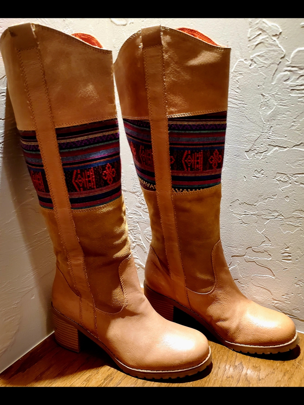 Over-the-Knee Tan Leather Boots with Aztec Tapestry Fabric Panel Sz 8 2.75" Heel